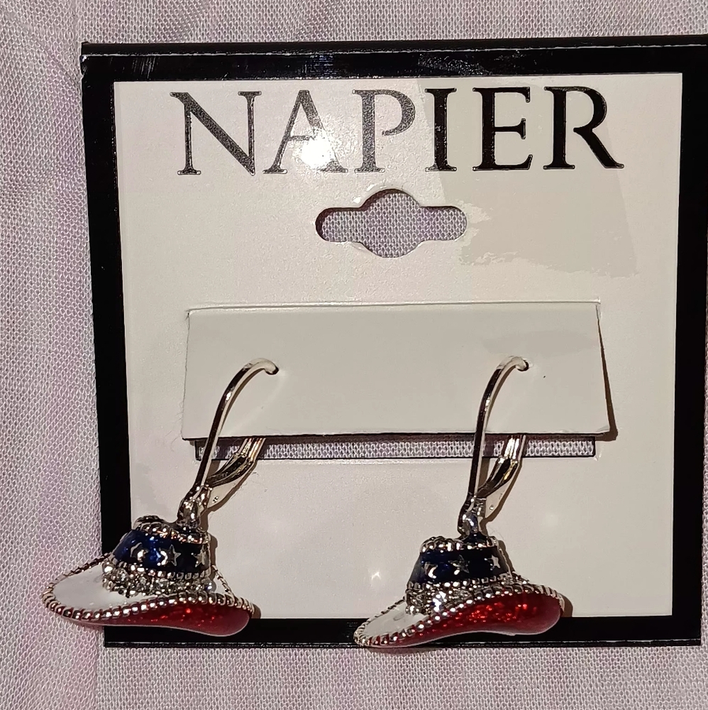 Napier Silver Tone and Red White And Blue Cowboy Hat Pierce Earrings